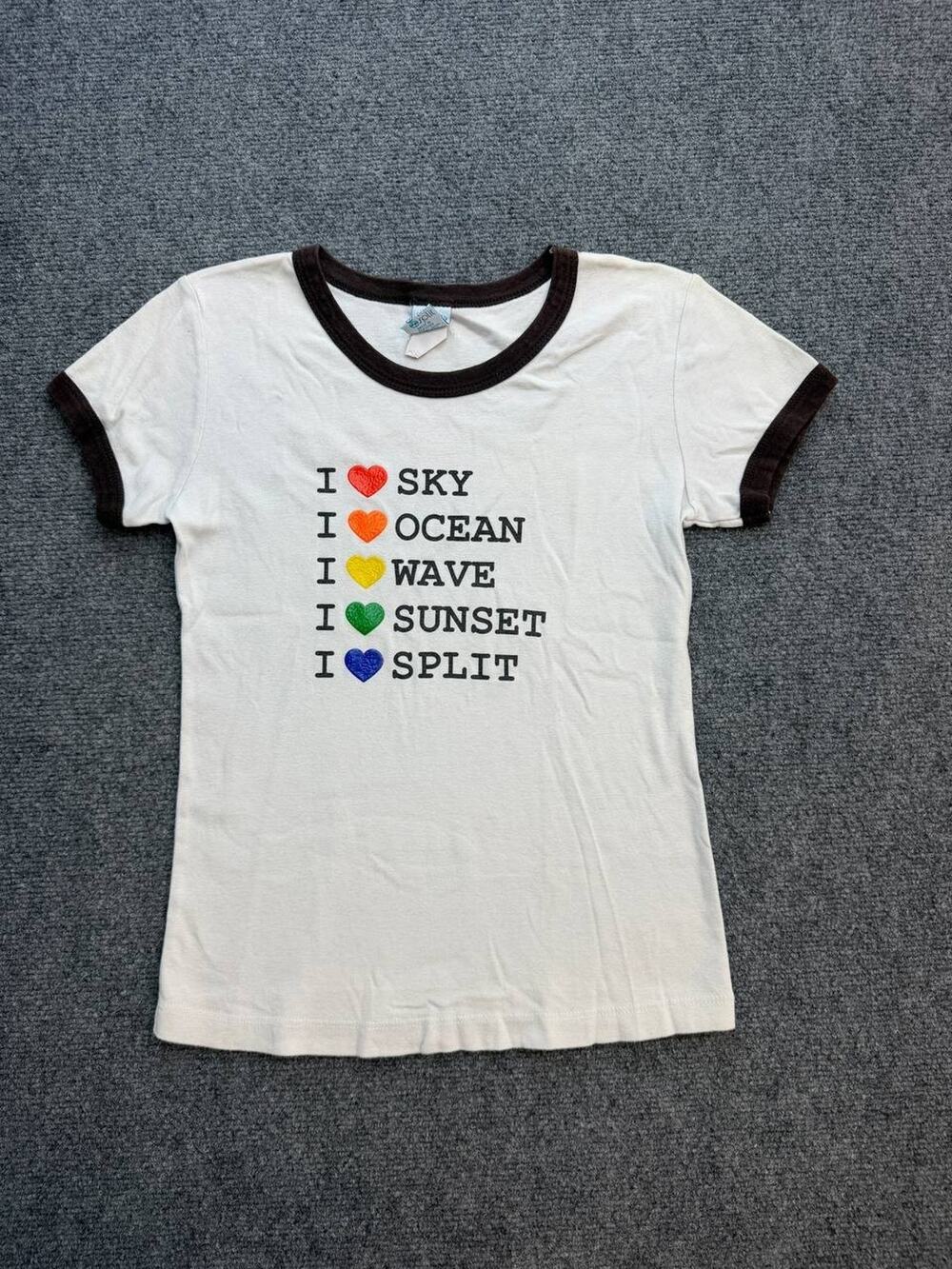 Split Women's M White Brown Ringer T-Shirt Rainbow Hearts Graphic Made USA